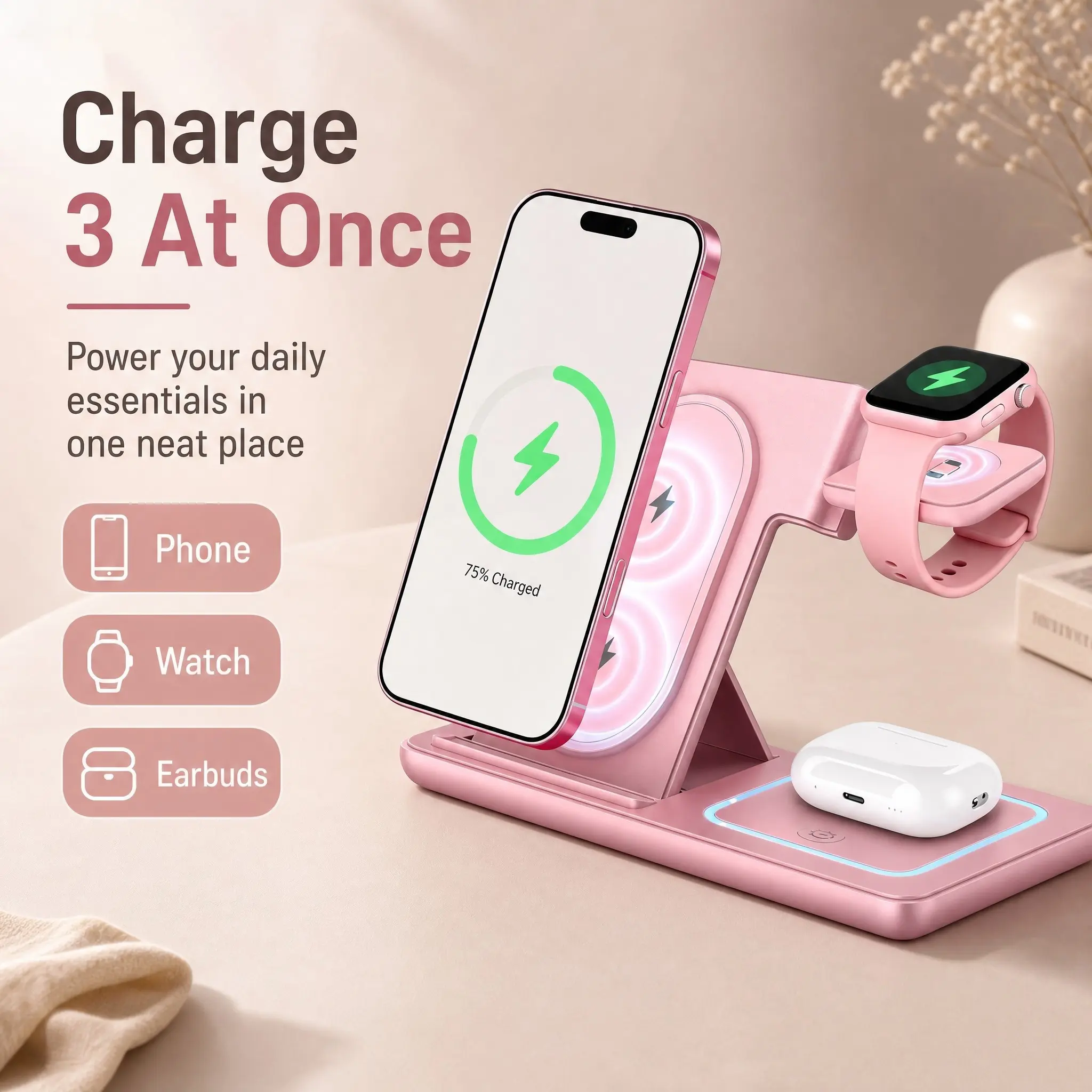 Foldable 3-In-1 Wireless Charging Station Dock, Portable Travel Charger for iPhone, Apple Watch, AirPods, with Night Light for Desk/nightstand