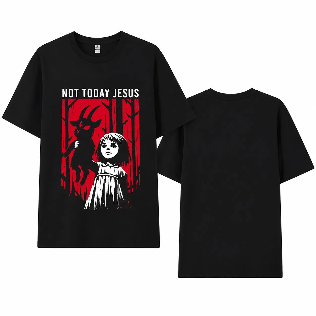 Unisex Not Today Jesus Dark Horror Goat Girl Graphic T-Shirt, Vintage Occult Gothic Sarcastic Horror Movie Aesthetic Streetwear Tee casual top trending menswear distressed tshirt