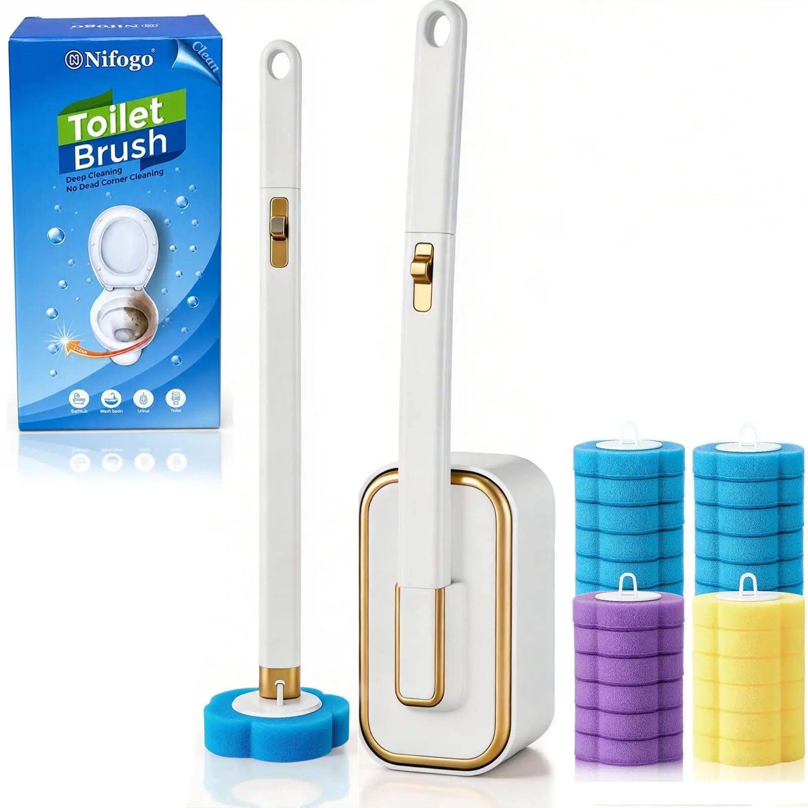 Nifogo Disposable Toilet Brush Set with Wall Mount Holder, 24 Replacement Cleaner Wand Refills, Multi-Purpose Bathroom Cleaning System for Toilet Bowl, Urinal, Sink, Bathtub, Wash Basin & Drains