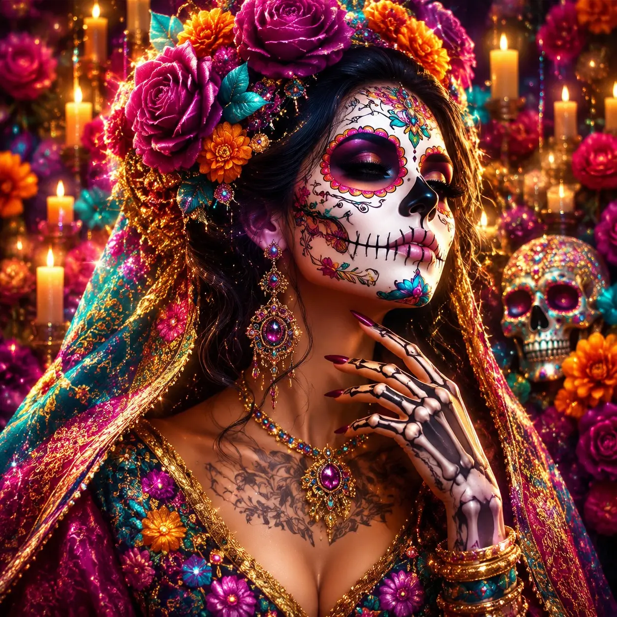 Day of the Dead Sugar Skull Lady with Floral Crown, Size: 40 x 40 cm (15.7 x 15.7 inches). Full-drill square diamond painting kit, Diy Kits, Diy Diamond Art (5D DIY, unframed, includes tool kit). Suitable for home decor and personalized gifts