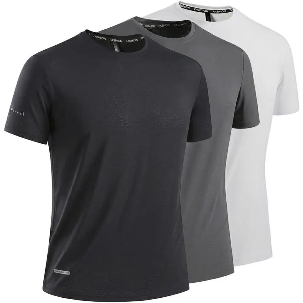 3 PCS Pack Men's Quick Dry Athletic T-Shirt 89% Nylon 11% Spandex Short Sleeve Gym Workout Running Top Black Grey White