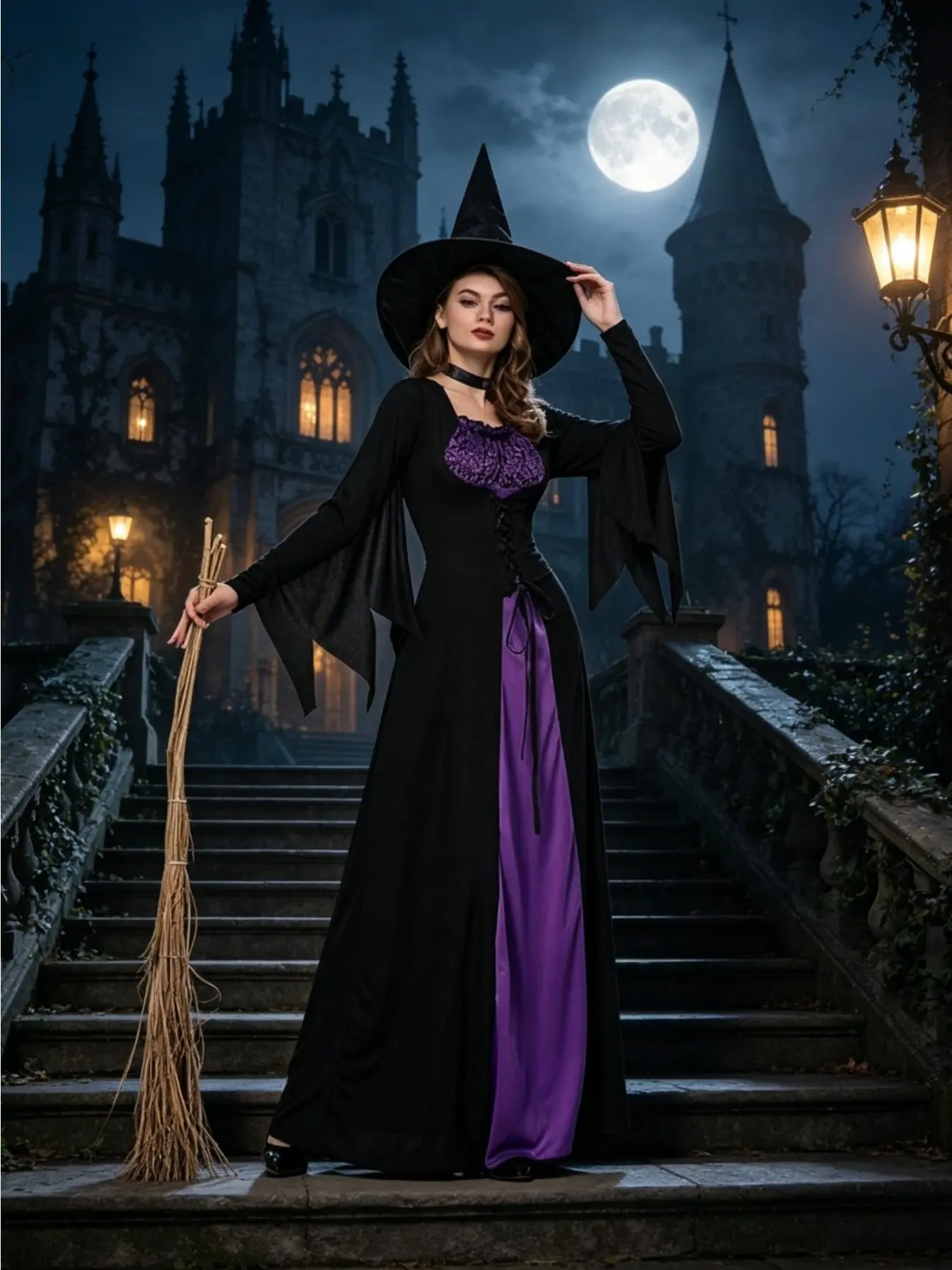 Adult Women Purple Long Dress Witch Cos Set Halloween Stage Show