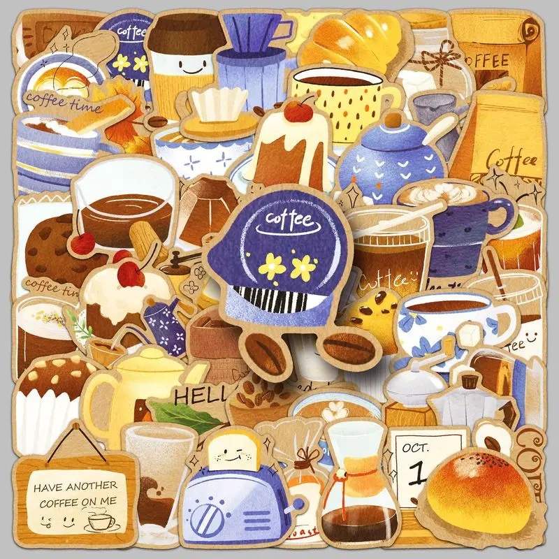 50 original cozy coffee time stickers, cartoon desserts, exquisite graffiti stationery, mobile phone and planner stickers
