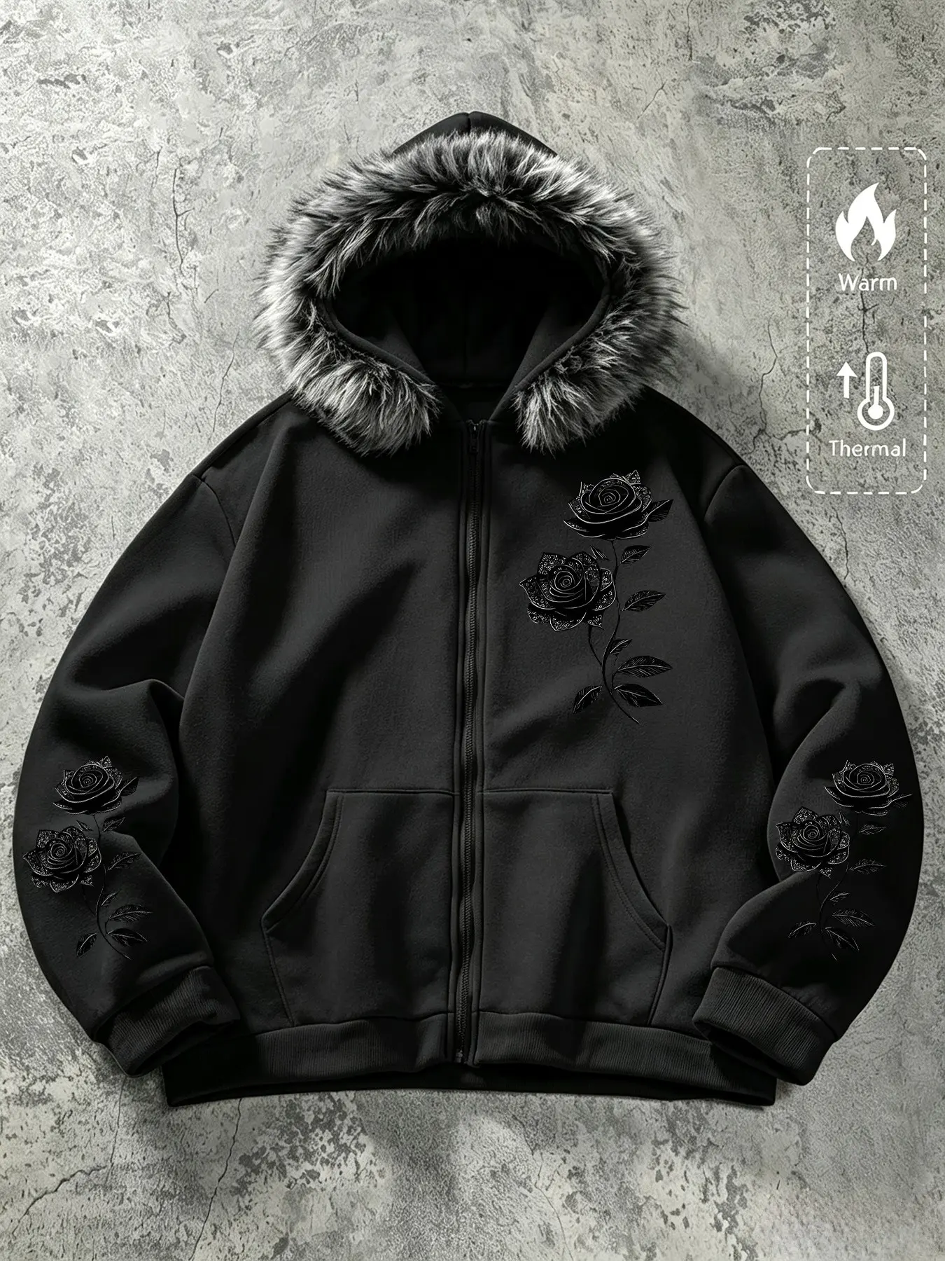 Men's Faux Fur Hooded Jacket, Gothic Rose Print Zipper Hoodie, Warm Winter Outerwear, Casual Loose-Fit Coat for All Seasons