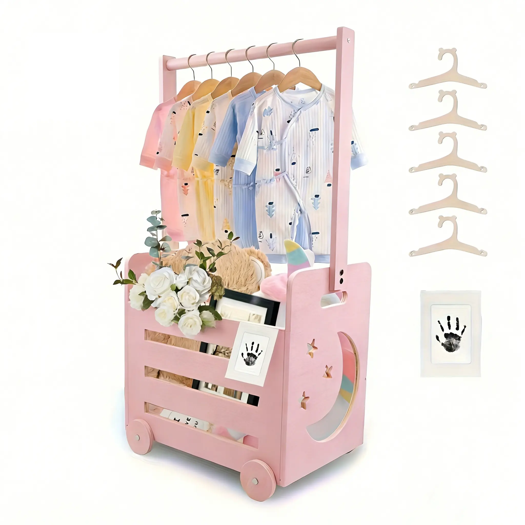 Wooden Shower Crate Closet Organiser with Wheels & Higher Handle, Pushable Shower Gifts Basket, Wooden Crate for Storage, Gifts for Boy Girl New Parent (Pink)