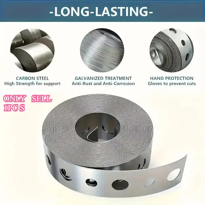 A roll of galvanized metal strip, pre punched multifunctional perforated metal strip, 3-meter x 17.5mm hole metal pipe support and suspension strip, used for pipe support and sheet metal processing