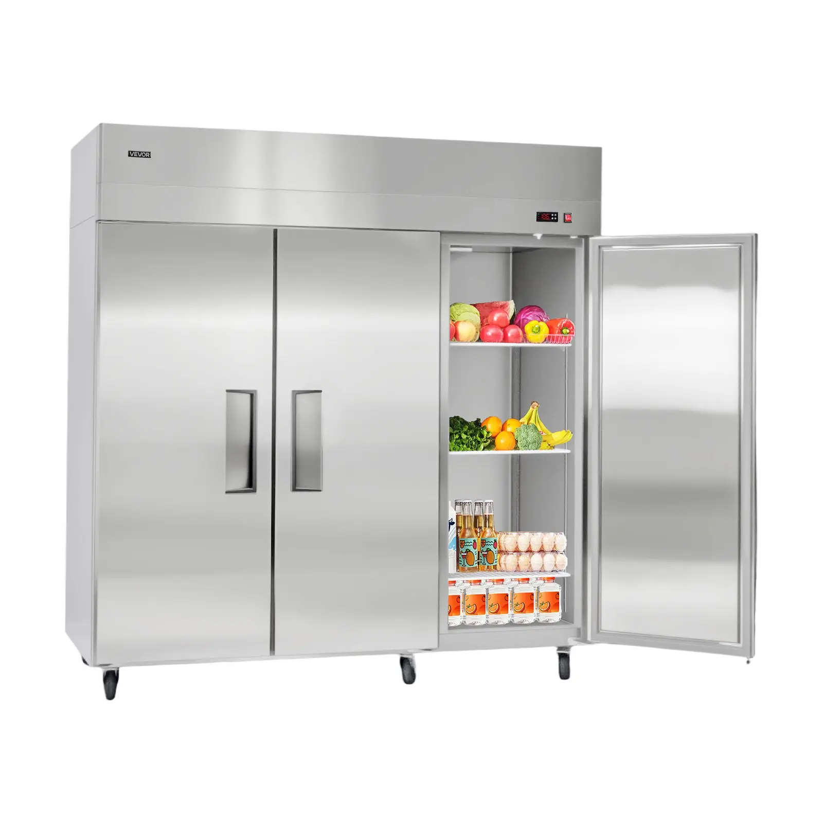 VEVOR Commercial Reach-In Refrigerator 72" W, 52 Cu. Ft Stainless Steel Upright Refrigerator with Three Doors, Auto-Defrost, 9 Adjustable Shelves, 32 to 50 Temp Control, UL Certified