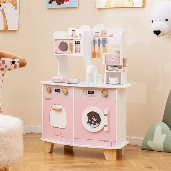 Pink Kids Coffee Kitchen Playset with Microwave Oven Stove for 3+ Years Old