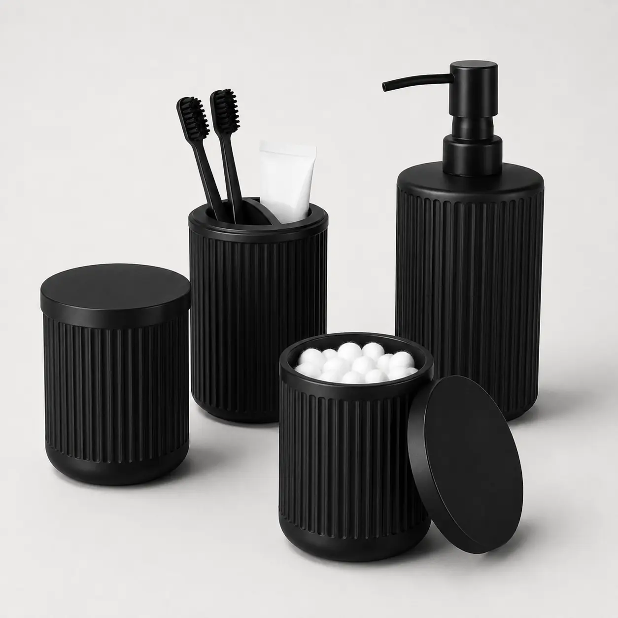 4-Piece Matte Black Bathroom Accessories Set, Fingerprint-Proof Ribbed Glass Vanity Organizer with Soap Dispenser & Toothbrush Holder for Sink and Countertop