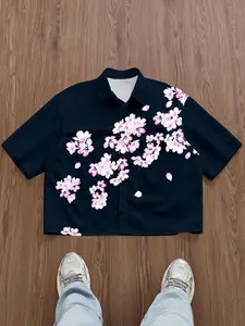 Men’s Dark Navy Base Cropped Short Sleeve Turn Down Collar Button Up Shirt, Full Watercolor Pink Cherry Blossom And Falling Petal Floral Print, Loose Boxy Casual Blouse, Suitable For Japanese Street Matching Summer Vacation Beach Outfits And Daily Inner