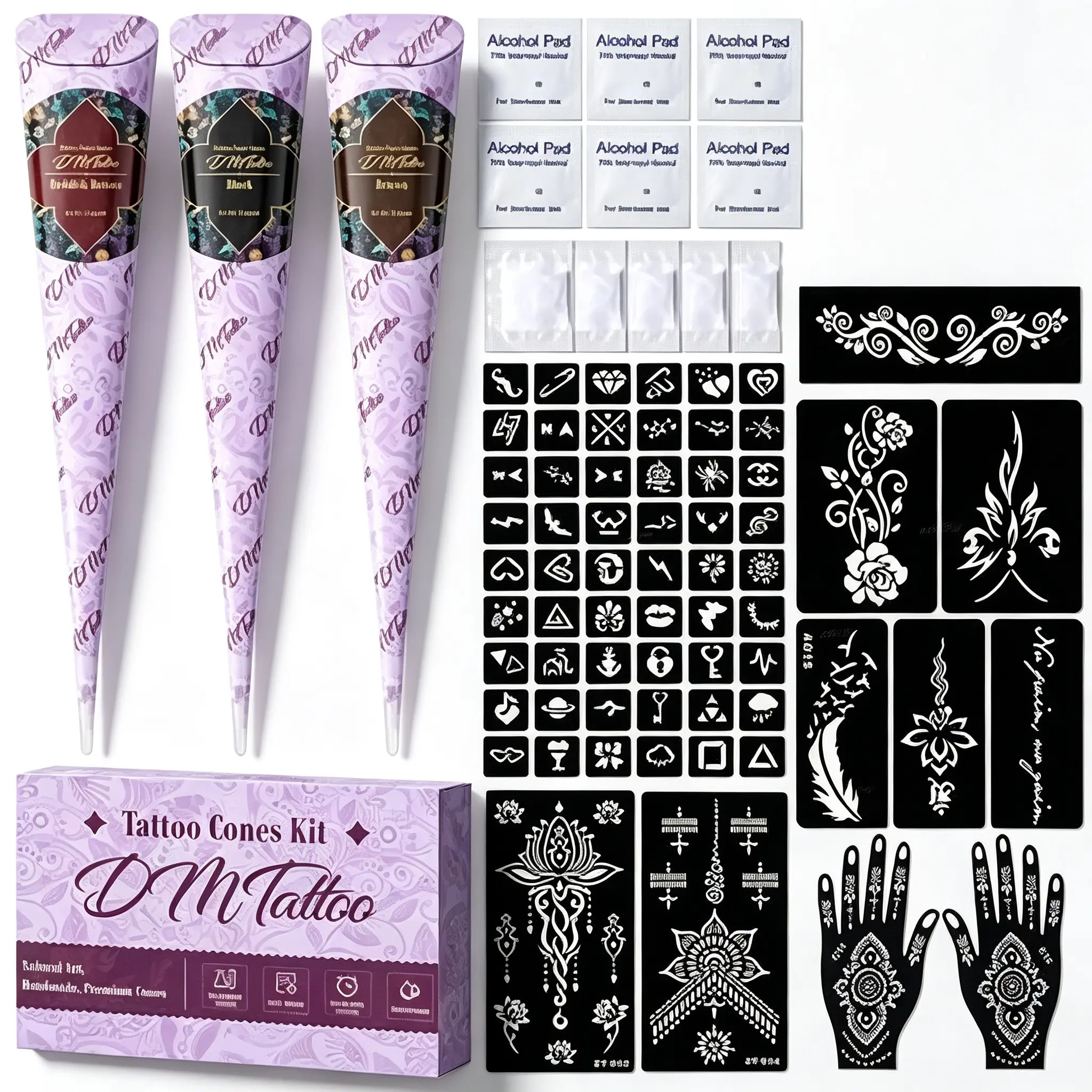 Plant-Based Temporary Hand-Applied Sticker Henna Tattoo Kit, Fake Tattoos, Diy Tattoos, Waterproof Long-Lasting Body Art Set with Henna Stencils and Henna Cones for Skin