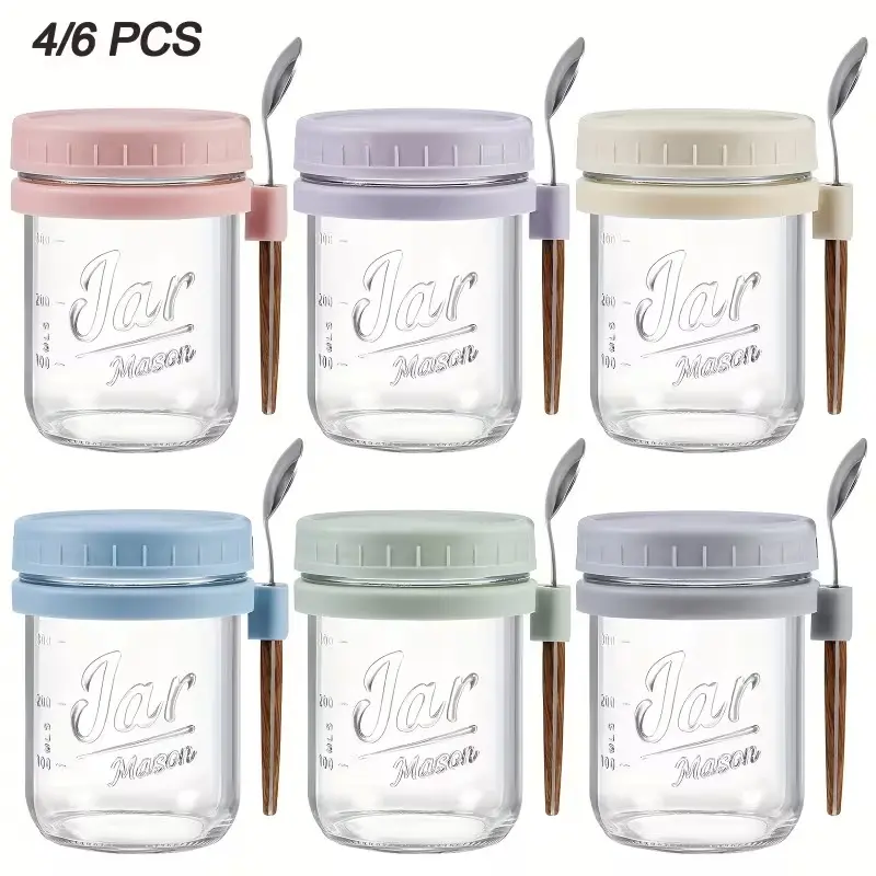 6/4-Piece 16oz Glass Mason Jar Style Overnight Oat Container with Lid & Spoon, Large Sealed Home Storage Jar for Milk, Cereal