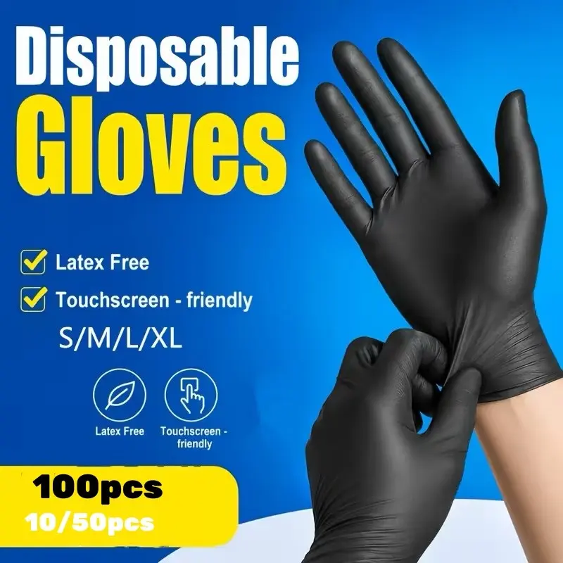 10/50/100-Piece Black Nitrile Disposable Gloves, Durable Household Cleaning Gloves, Latex-Free and Powder-Free, Suitable for Kitchen, Cleaning, Nail Art, Hairdressing and Tool Use, Available in S/M/L/XL Sizes (No Box)