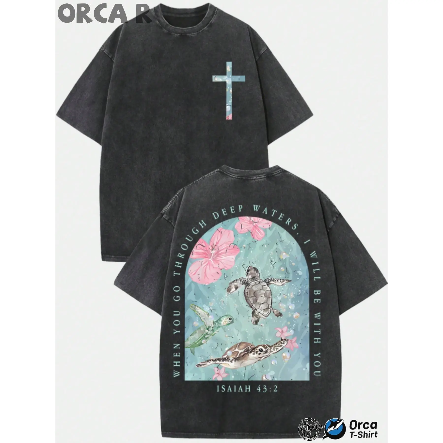 Isaiah 43:2 Graphic Tee Vintage Washed Cotton Tshirt Deep Waters Sea Turtle Christian Cross Faith Bible Verse Oversized T Shirt Women Short Sleeve Crewneck Top Aesthetic Gift Men Loose Casual Top