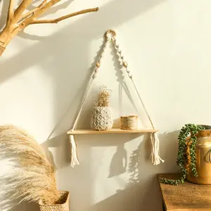 Bohemian Handmade Macrame Tassel Wood Bead Planter Rack, Simple Farmhouse Living Room Wall Hanging Decor, Home Décor Accessory
