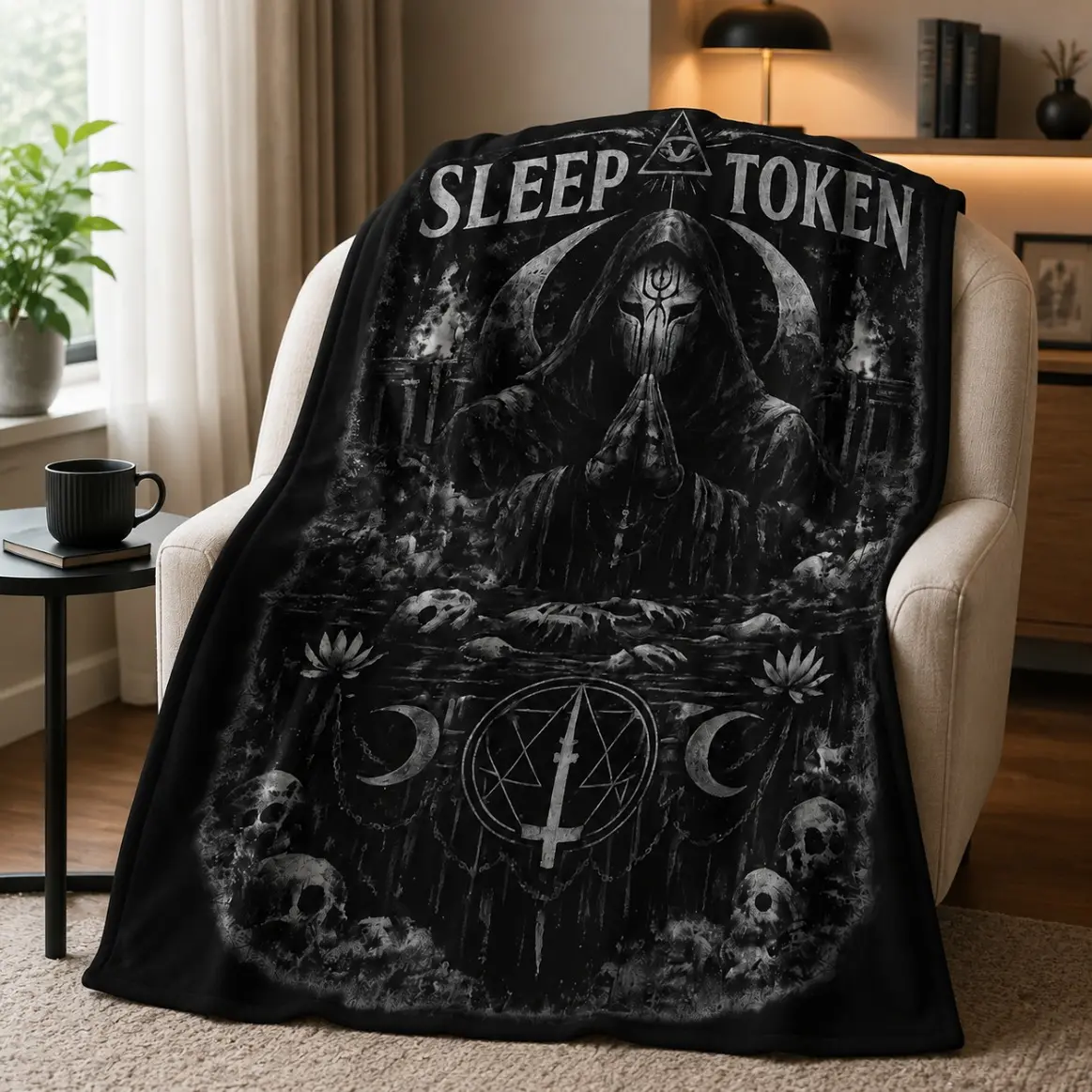 Sleep Token Occult Priest Artwork Flannel Blanket For Adults And Children, Dark Gothic Skulls Crescent Moons Badass Bold Edgy Design, All Seasons Throw Blanket For Alternative Fashion Fans, Birthday Anniversary Christmas Halloween, Bedding Blankets