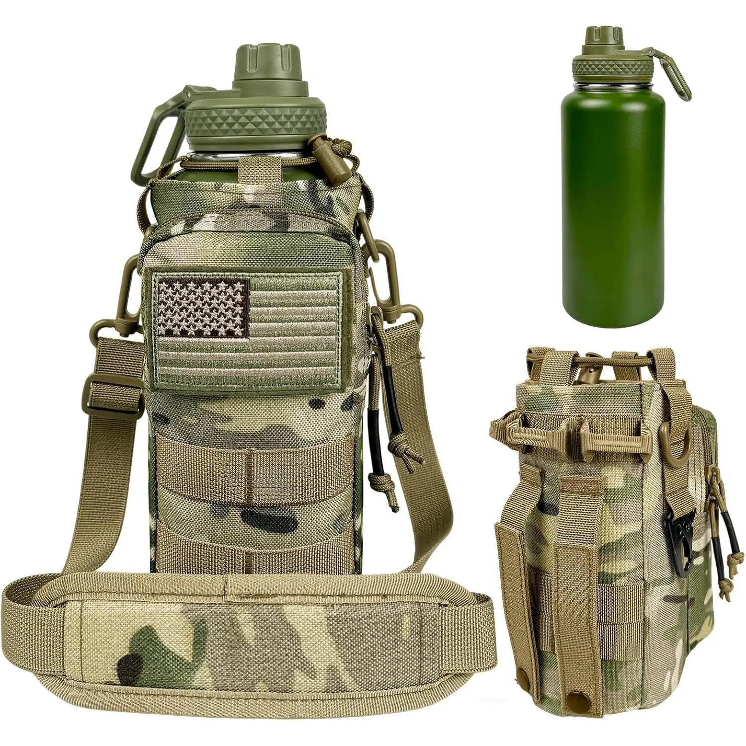 Men's Tactical Double Wall Stainless Steel Insulated Water Bottle with Adjustable Strap Camouflage Sleeve, Portable Military Sports Water Bottle, Outdoor Gear for Hiking, Camping