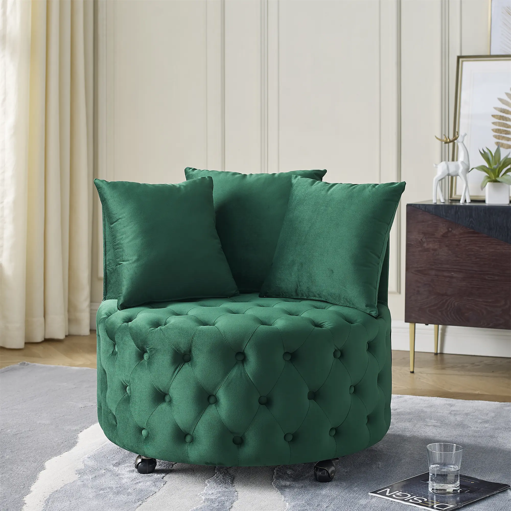 ARCH Velvet Upholstered Swivel Armchair with Button Tufted Back, Movable Wheels, and 3 Accent Pillows, Green Accent Chair for Living Room, Bedroom, or Reading Nook, Single Sofa Chair with Curved Arms and Plush Seat, Dining Room Chairs for Kitchen