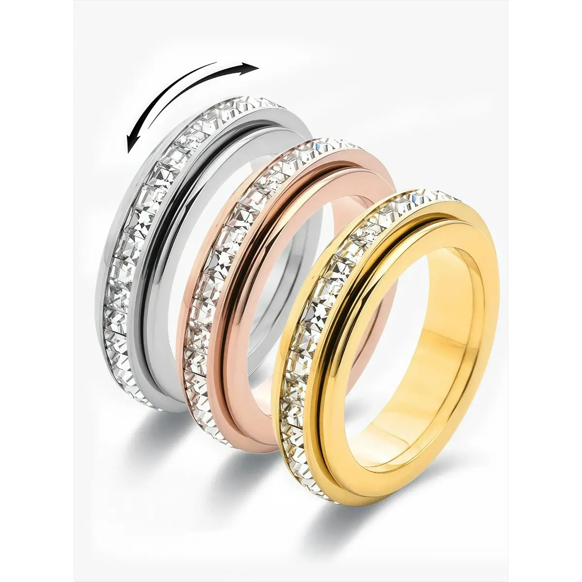 Women’s 3-Pack Cubic Zirconia Spinner Anxiety Rings – Kinetic Geometric Fidget Rings for Stress Relief & Gift Jewelry