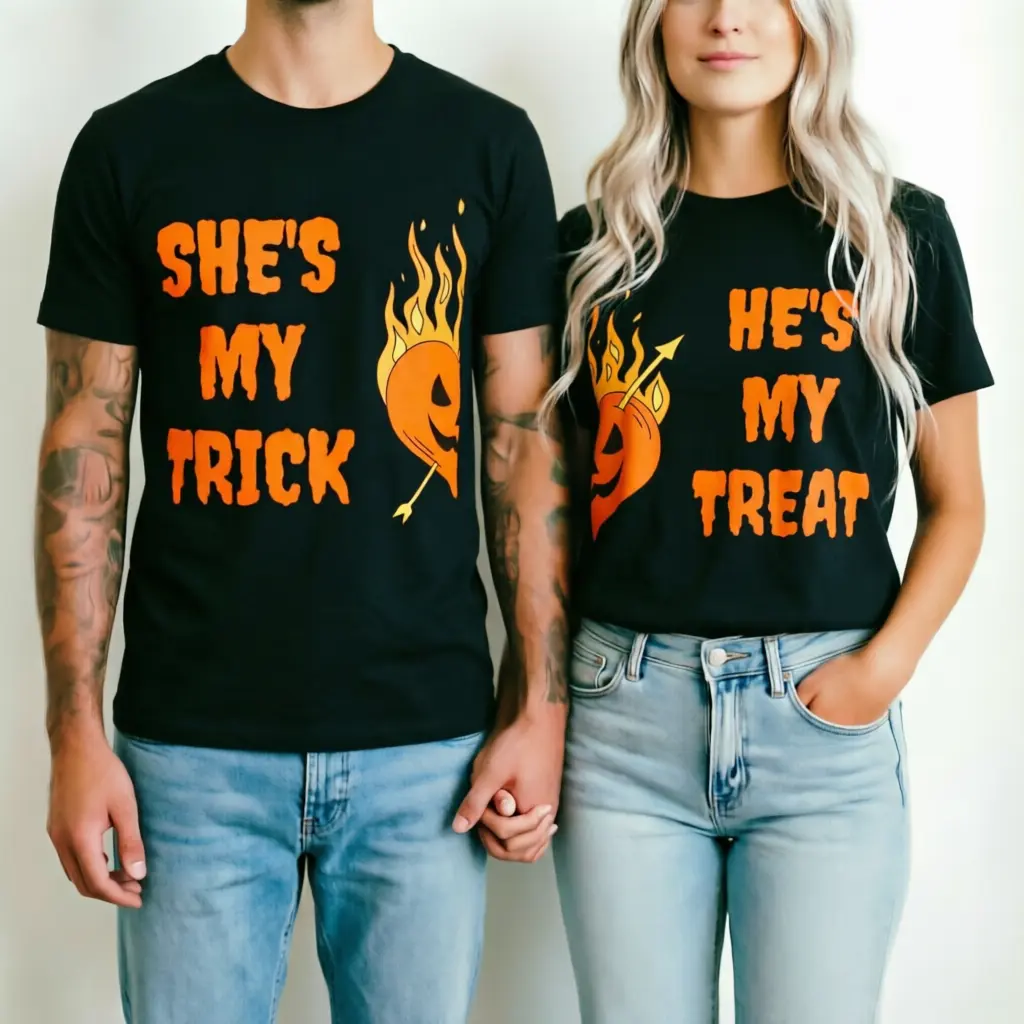 He's My Treat She's My Trick Halloween Matching Couples Graphic Unisex Cotton T-Shirt, Pumpkin Flame Lover Matching Set Casual Tee cute style gift comfortable outfit black classic autumn fall shirts crewneck short sleev