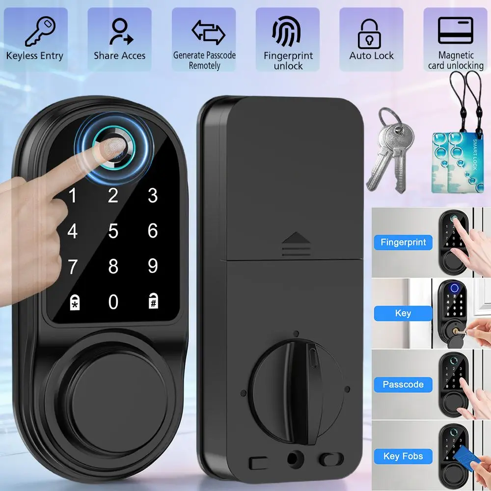0.3s Unlock 100 Fingerprint Smart Door Lock with Keypad, Keyless Entry Bluetooth Deadbolt with App Control, 100 Passcodes & Auto Lock, 5-in-1 Smart Lock with Keys & IC Cards for Front Door, Home, Bedroom