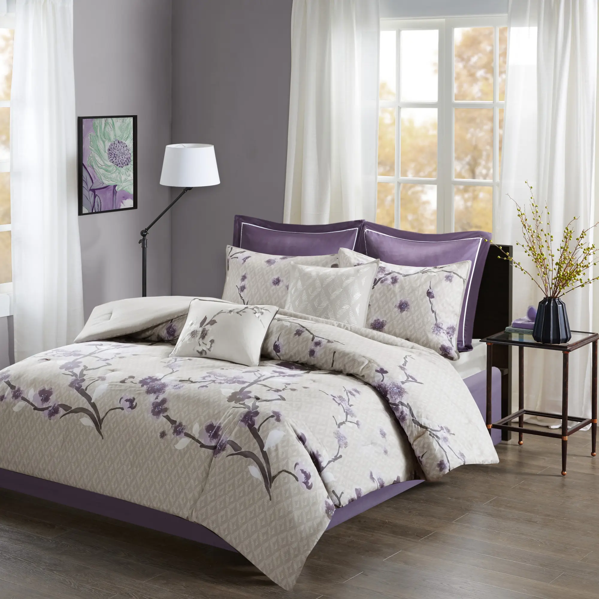 ARCH 8 Piece Cotton Comforter Set Queen Size Purple and Taupe Reversible Bedding Set with Matching Shams and Decorative Pillows Soft Breathable All Season Down Alternative Comforter for Bedroom Guest Room, Home Furniture and Household Product
