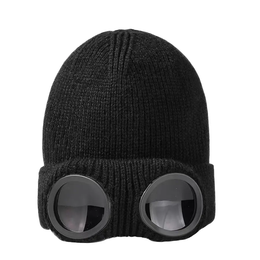 Unisex Men's & Women's Knitted Hats Built In Glasses Windproof Warm Thermal Hats Ideal For Autumn Winter Outdoor Skiing Daily Travel Stretch Soft Thick Knitted Hats Wind Resistant Warm Wool Hats For Cold Weather Daily Wear