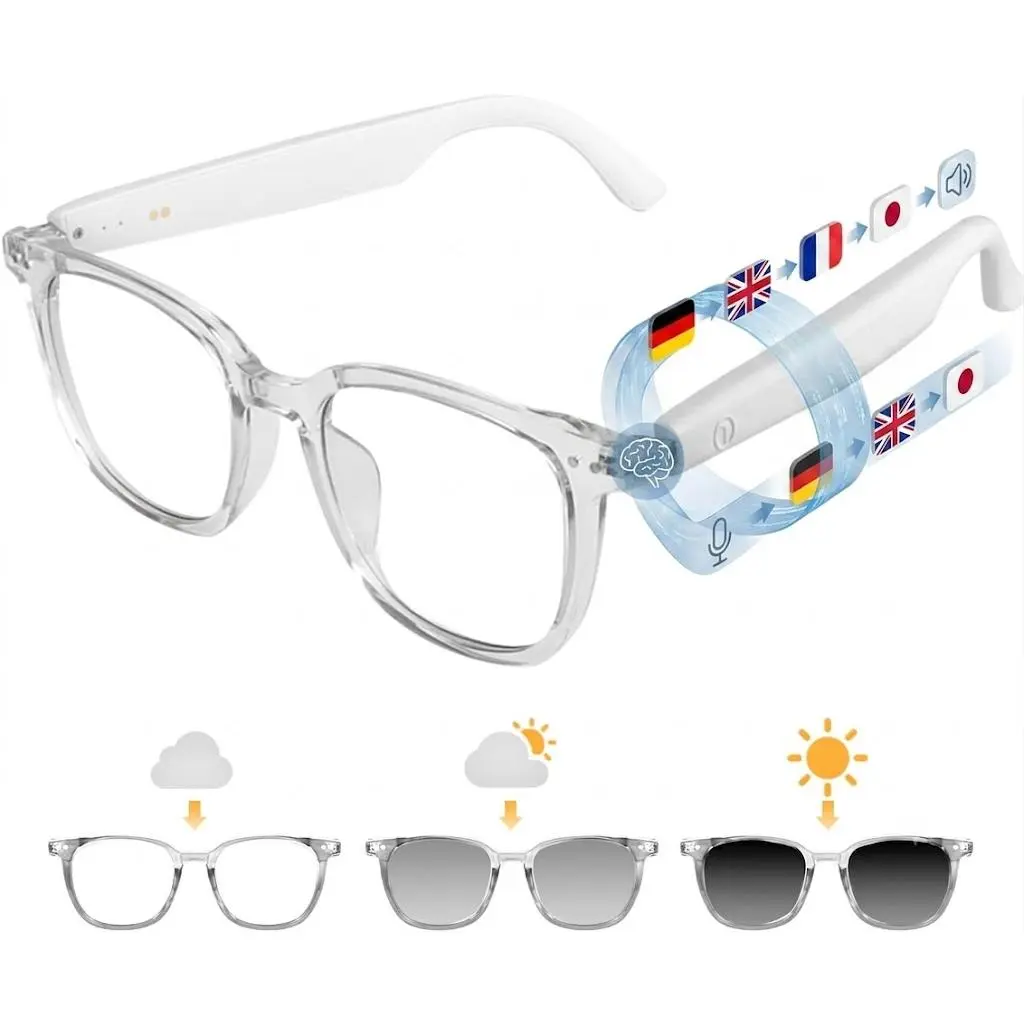 Smart Glasses for Women Men, Bluetooth Audio Glasses with Color-Changing Lenses, Open Ear Sound Speakers, Magnetic Charging, Voice Assistant, Music/Calls, Blue Light Glasses for Working Travel (Clear)