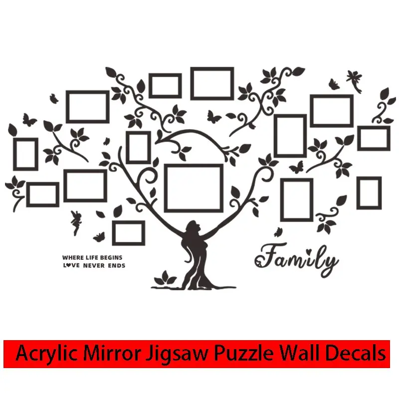 DIY Acrylic Puzzle Wall Decor with 14 Frames/Set, 1mm Thick Self-Adhesive Mirror Wall Stickers, Letters Tree Leaf Set, S/L Sizes, Christmas Halloween Home Decor