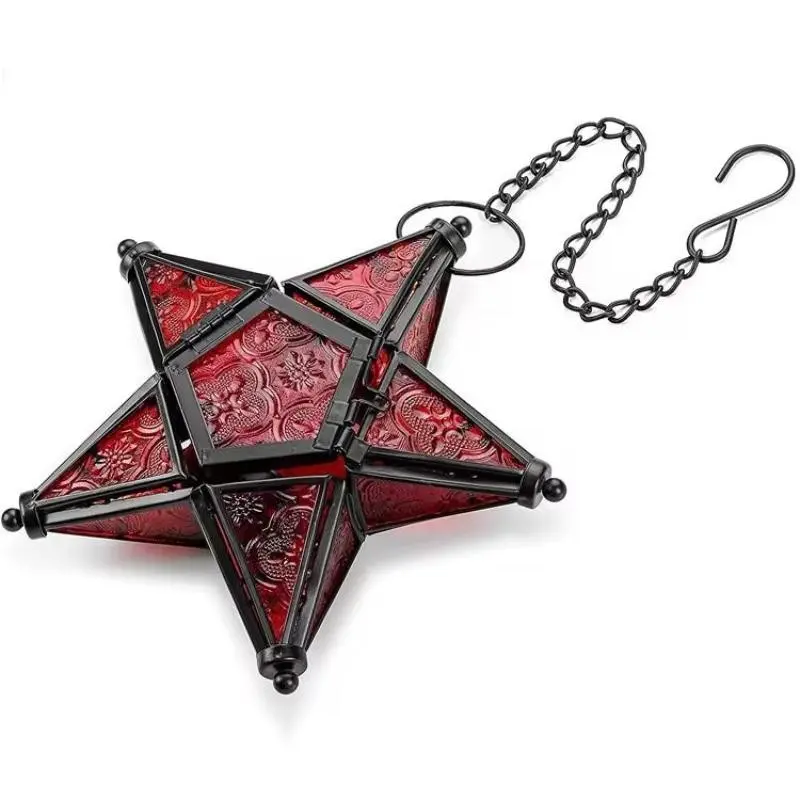 European Five-Point Star Windproof Candle Holder, Iron Art Colorful Glass Lantern, Vintage Moroccan Candle Holder, Festival Decorations