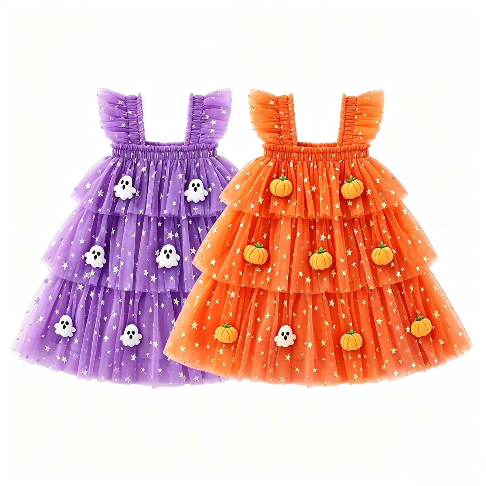 Toddler Baby Girl Halloween Tulle Dress Pumpkin/Ghost Fly Sleeve A-line Layered Dress