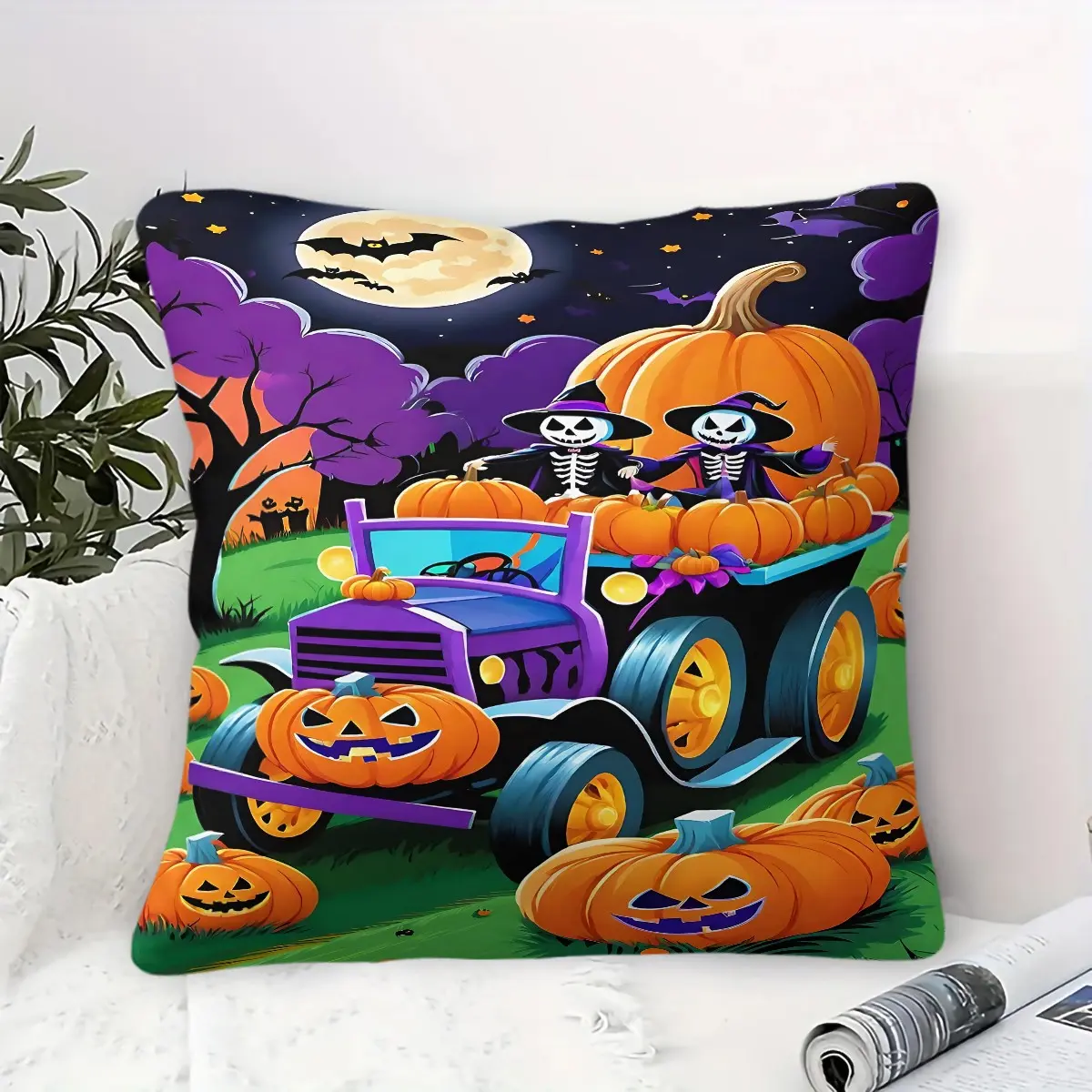 Halloween Skeleton Pumpkin Truck Throw Pillow, Fun Spooky Room Decor Includes Pillow Core, Cute Aesthetic Accent Cushion for Halloween Preppy Room Decoration Bedroom Sofa Decor, Home Decorative Cushion, Square Cushion