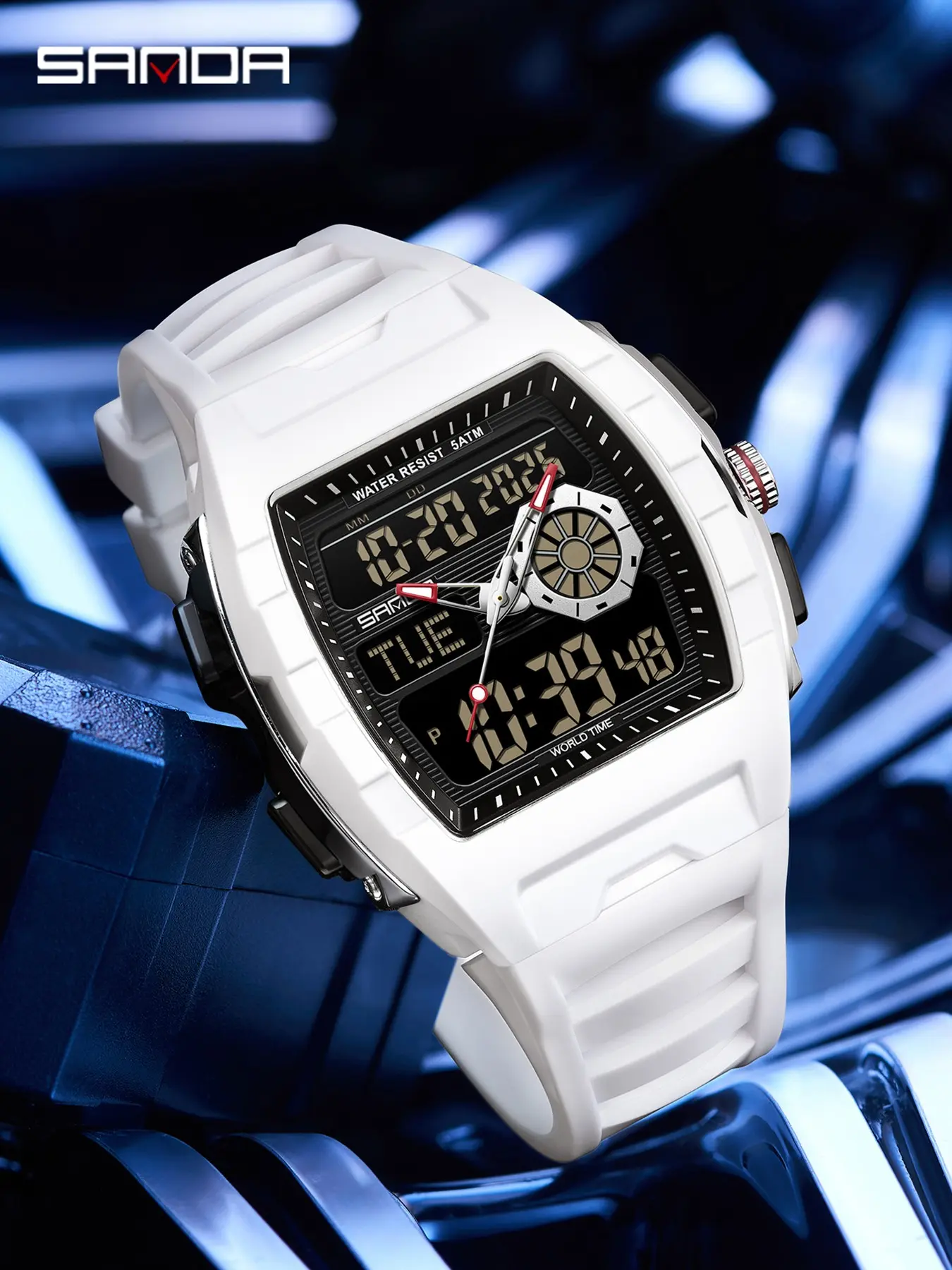Men's Dual Display Watch, World Time Night Glow, 5atm Waterproof, Multi-Function Sports Wristwatch, Tpu Strap, Shockproof, Countdown, Outdoor, Luminous Dial Watch