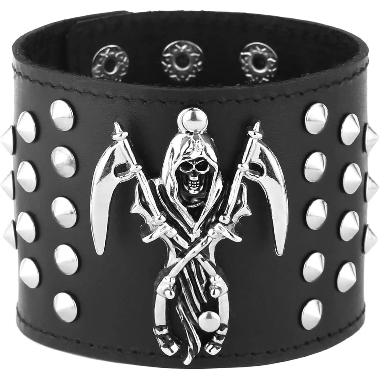 Black Death Skull Leather Cuff Bracelet for Men Gothic Spike Studded Wide Leather Wrist Bracelet