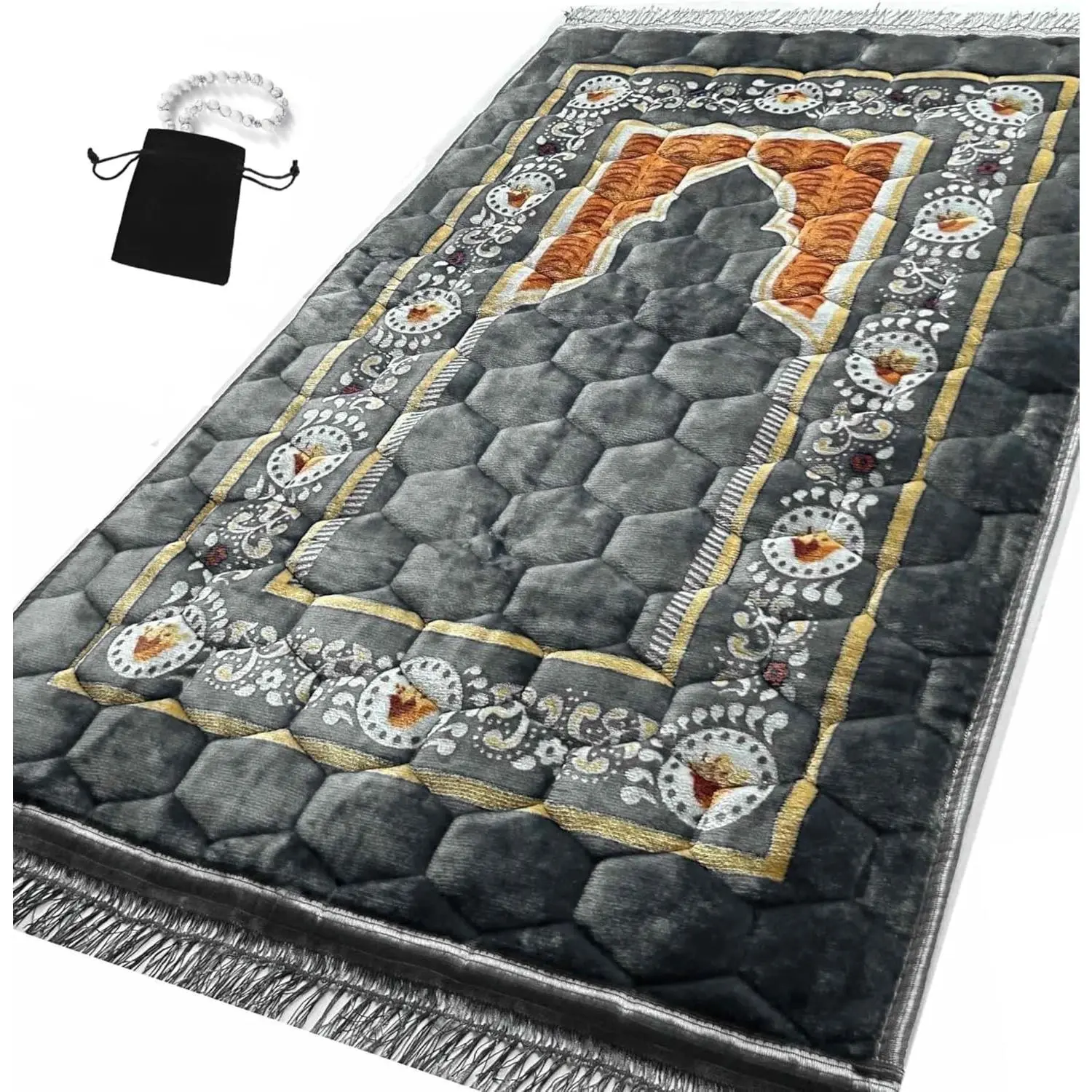 Padded Extra Thick Prayer Rug Sajadah for Men Women with Prayer Beads - Soft & Luxury Muslim Mat for Eid Travel Ramadan, GreyGift