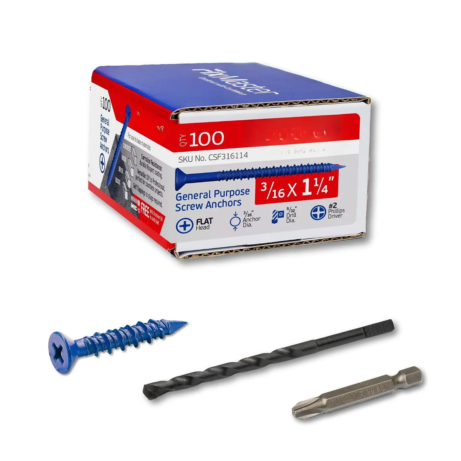 Carbon Steel 3/16 x 1-1/4" Countersunk Phillips Flat Blue Concrete Screw Anchors (100-Piece Kit) with Drill Bits for Concrete Block, Brick Masonry, DIY Users, Epoxy Coating