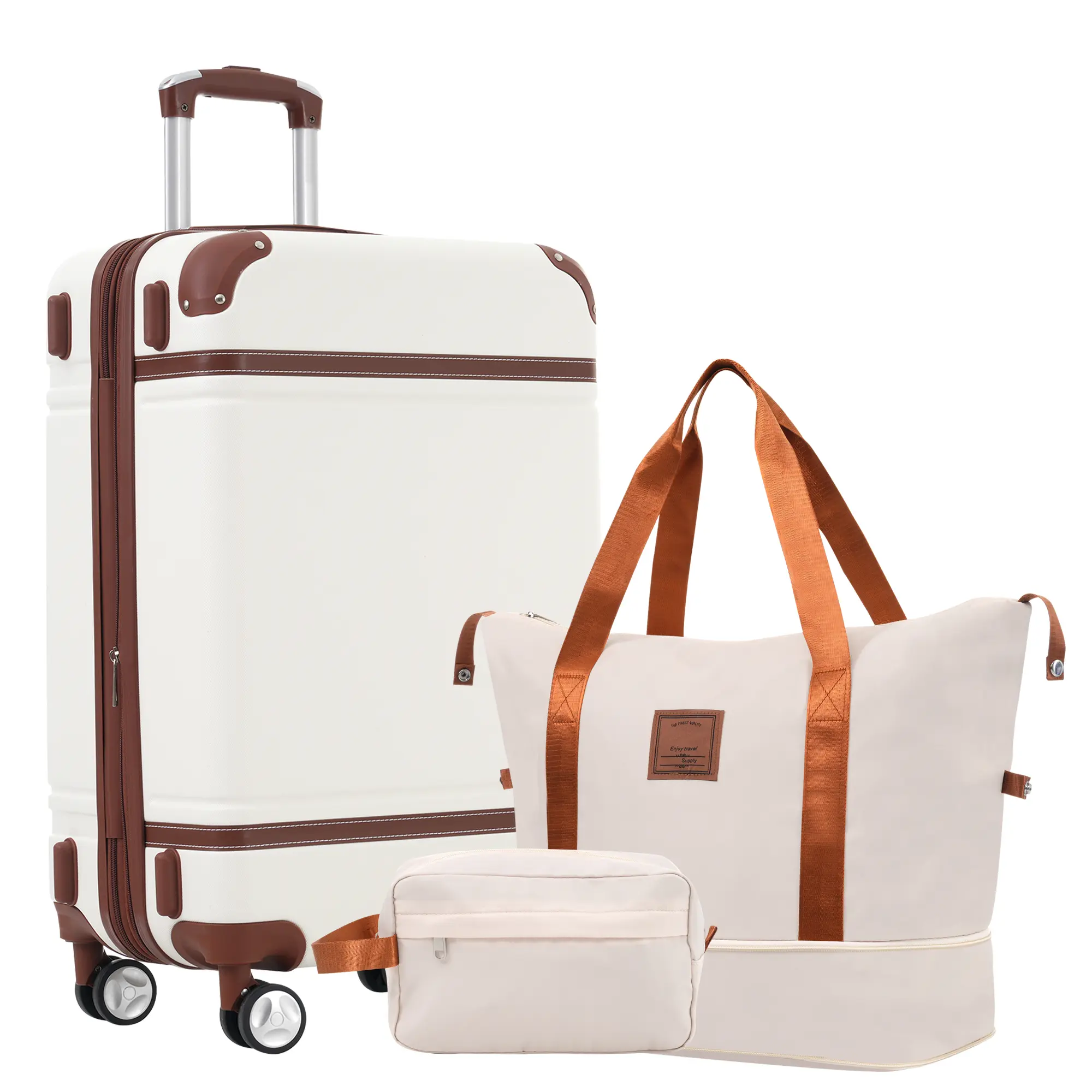 Nokaa 24-Inch Hardshell Luggage Set with Travel Duffel and Toiletry Bag, Lightweight ABS Suitcase with Double Spinner Wheels, TSA Lock, Expandable, White, Ideal for Travel, Vacation, and Business Trips
