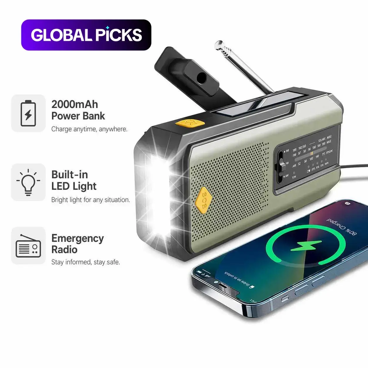 Hand-Crank and Solar-Powered Emergency Weather Radio, Solar Radios and Crank Emergency Radios, Portable Handheld Radio, Portable Rechargeable Radio, Portable Survival Radio with 2000mAh Power Bank, LED Light, and SOS Alarm for Outdoor Use #GLOBAL PICKS