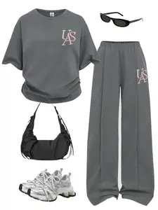 Two-Piece Kids' Spring Set, Comfortable Round Neck Loose T-Shirt with Embroidery, Matching Breathable Wide-Leg Pants, Ideal for Outdoor Activities
