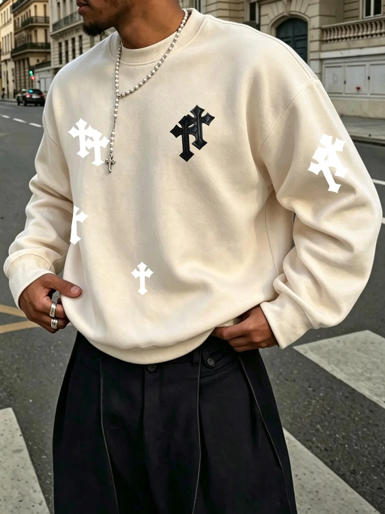 Cross Print Long Sleeve Hoodie, Soft Comfortable Fabric, Casual Street Style, Streetwear, Fall Winter Essential, Unisex, Five Sizes Available