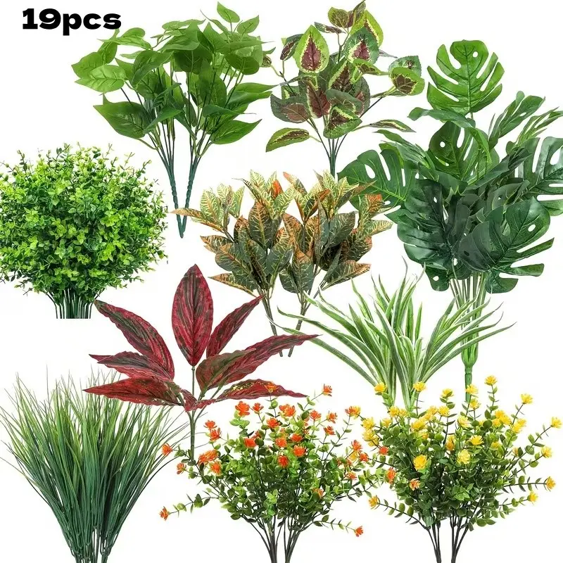 19-piece set of outdoor realistic plants, resistant to UV rays, realistic green branches, artificial shrubs, suitable for hanging balconies, terraces, gardens, window sills flower pots and other home decorations indoors and outdoors