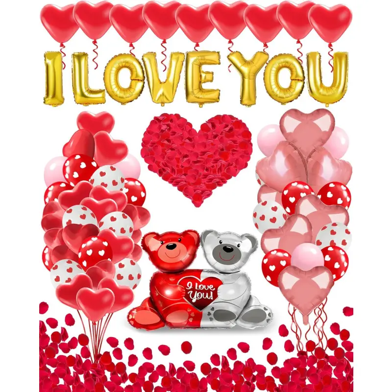 Valentine’s Day Balloon Decoration Kit, I Love You Gold Letter Balloons with Heart Balloons, Teddy Bear Foil Balloons and Rose Petals Party Set