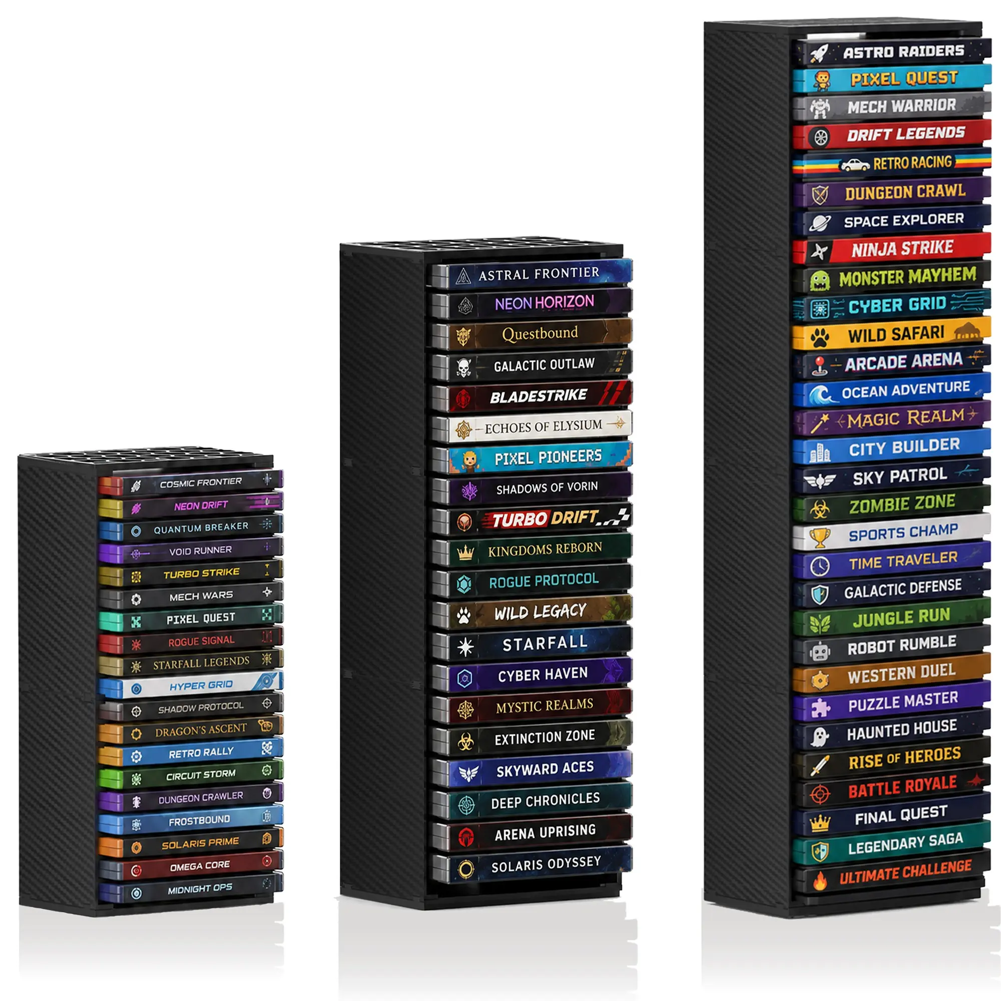 Game Case Storage Tower, 3/4 Tier Stackable Organizer Maximizing Space, Holds 27/36 Cases, Carbon Fiber Texture, Vertical/horizontal, Compatible with P5/p4/p3/p2, X Series, Switch 1/2