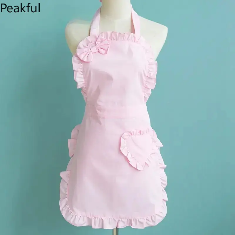Solid Color Ruffled Kitchen Wear, popular decorative cooking apron combining practical anti-fouling function and sweet stylish look. Comfortable loose cut for free movement during chores, great for family dinner cooking, regular domestic kitchen tasks.
