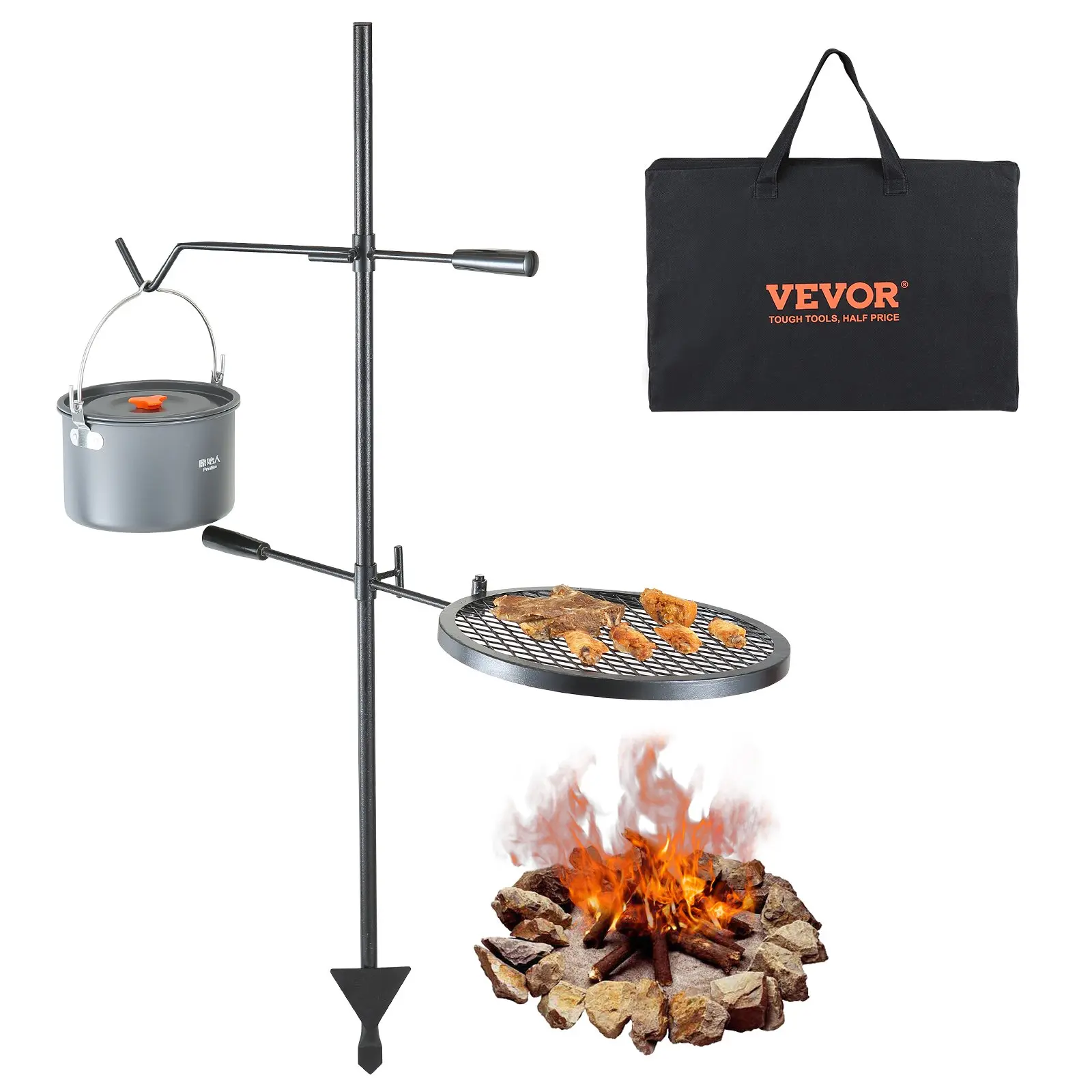 VEVOR Swivel Campfire Grill, Fire Pit Grill Grate over Fire Pits, Heavy Duty Steel Grill Grates, 360 Adjustable Open Fire Outdoor Cooking Equipment, Portable Camp Fire Racks for Camping Outdoor BBQ