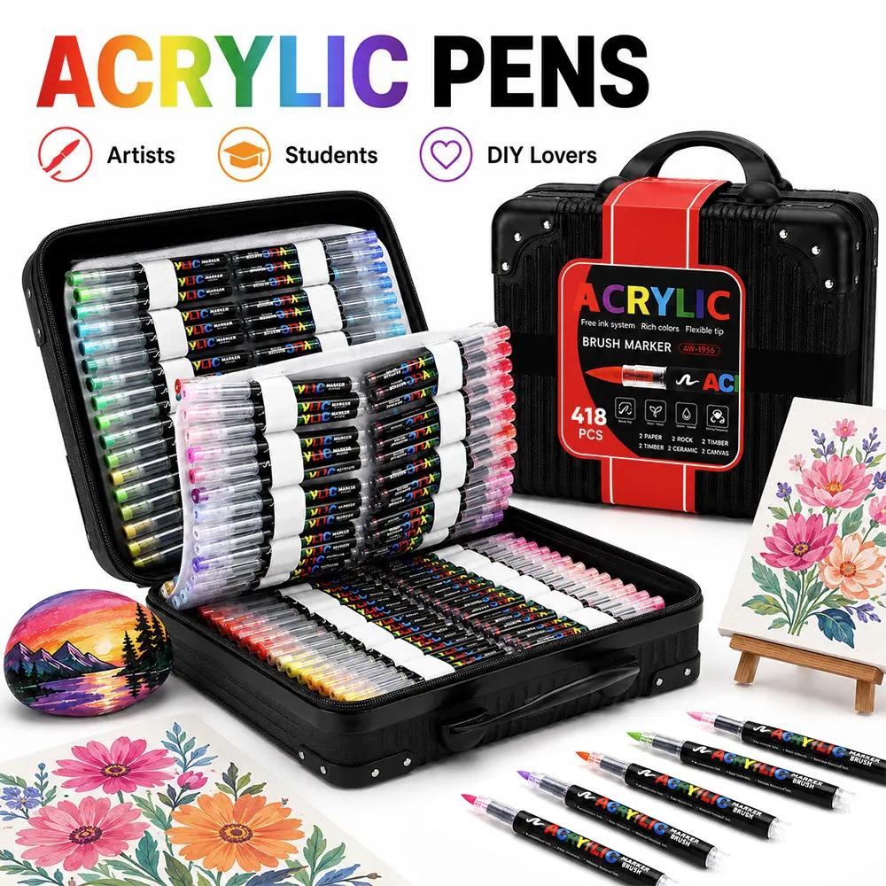 418 Colors Liquid Core Soft Tip Acrylic Marker Set, No Press Student Drawing Markers, DIY Colorful Brushes for Rock Art, Calligraphy, Card Making