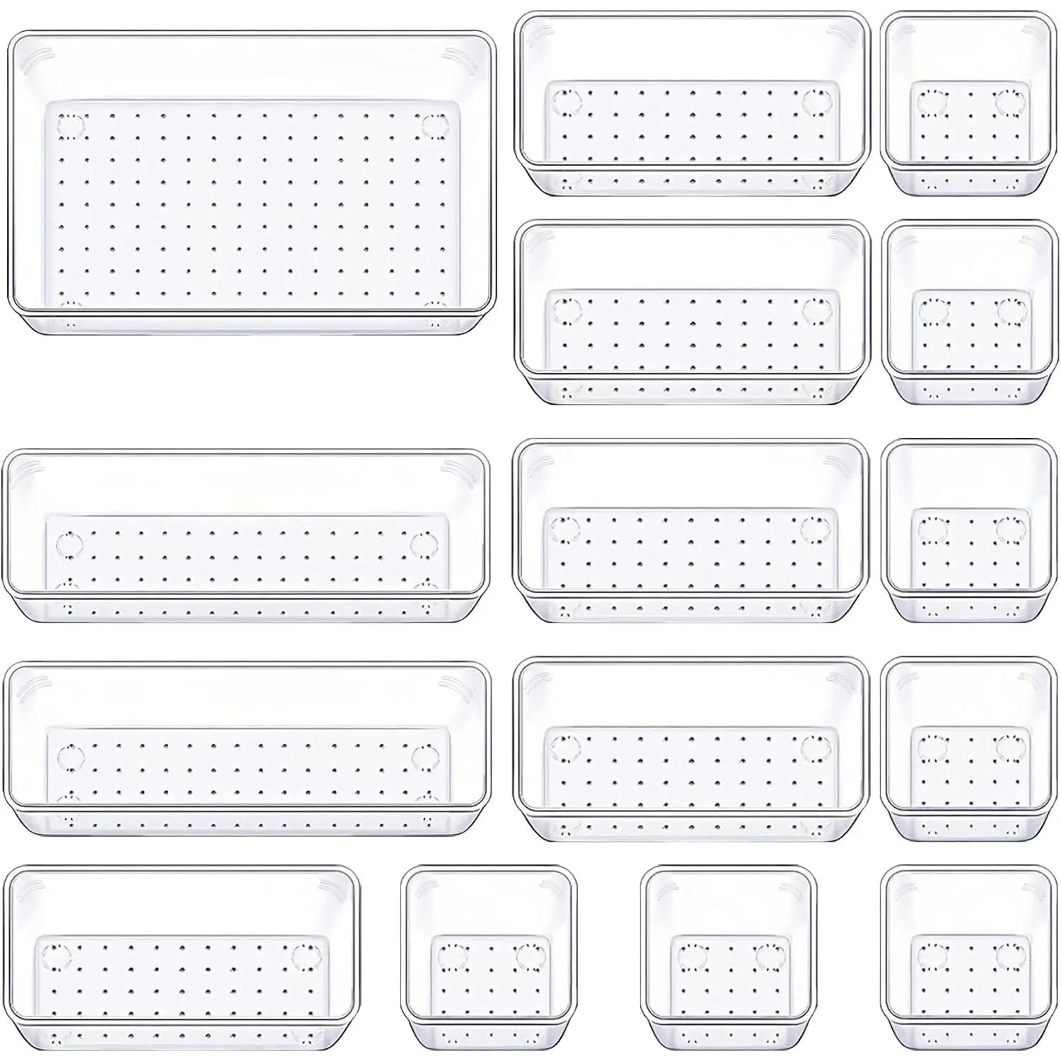 Drawer Organizers Set of 15, 4 Sizes Clear Plastic Drawer Organizers and Storage Bins for Kitchen, Bathroom, Office, Dresser Desk Drawer Organizer Tray for Jewelry, Makeup, Junk, Gadgets