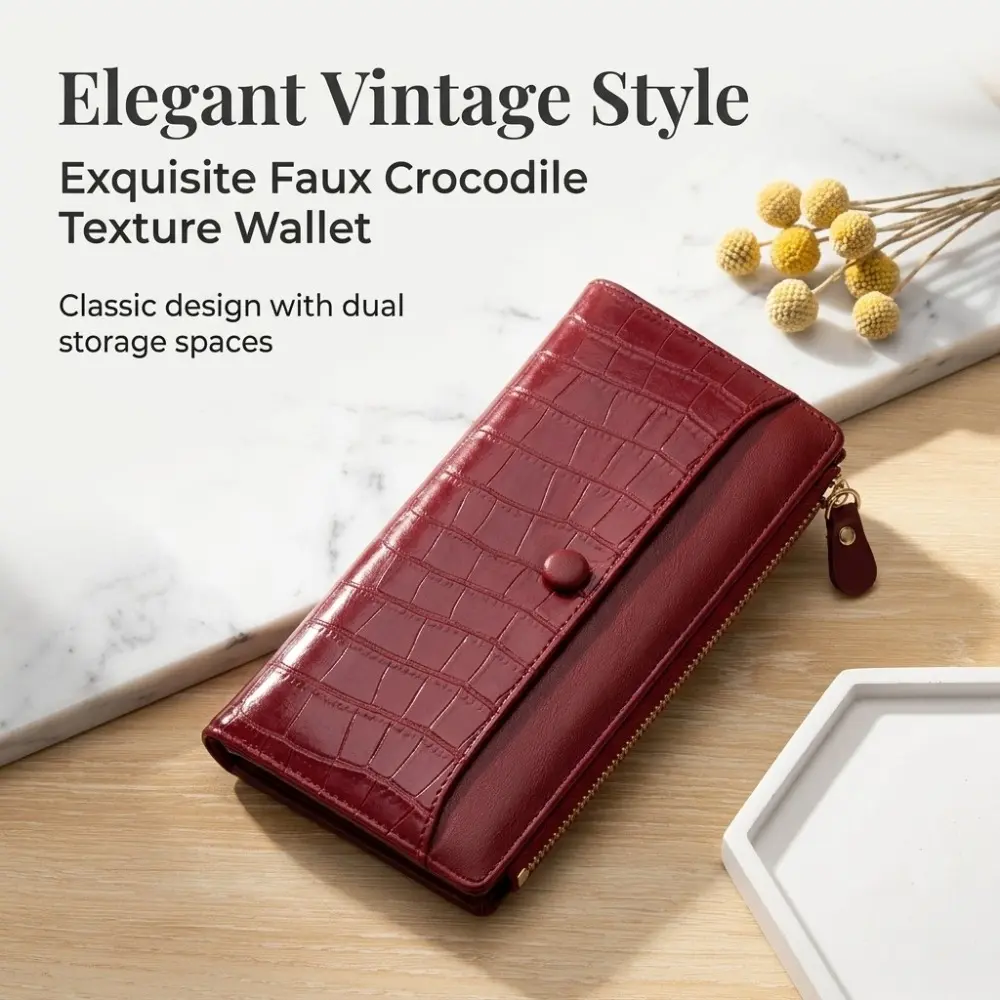 Women's Classic Crocodile Embossed Leather Long Wallet - Wallets for Women with Large Capacity, 2 Pockets, Snap + Zipper Closure, Phone Clutch for Daily Use and Travel