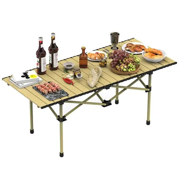 Heavy Duty Carbon Steel Roll-Up Folding Camping Table - Lightweight, Compact & Easy to Transport Picnic BBQ Desk with Anti-Slip Surface, Carry Bag for Forest, Lakeside, Garden Outdoor Use-5276, Backyard, Outdoor Dining Set, Beach, Roll-Up Frame, High Carb