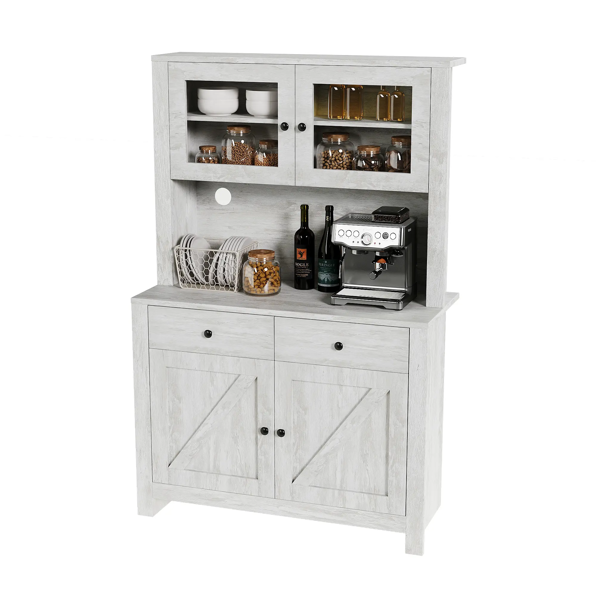 Farmhouse Kitchen Pantry Cabinet & Hutch with Tempered Glass Doors, Tall Freestanding Buffet Sideboard Cupboard with Drawers & Adjustable Shelves, Wood Coffee Bar Cabinet Microwave Stand Storage for Dining Room & Kitchen, 71.4 Inch Height